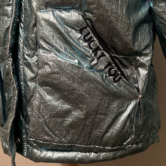 Zara Kid's Girl's Metallic Blue Lucky You Puffer Jacket - Picture 3 of 12